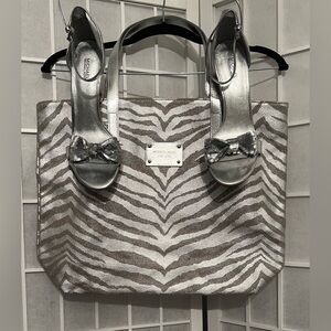 MICHAEL KORS Paris Silver Sequin Bow Ankle-Strap Sandals Heels Size 9